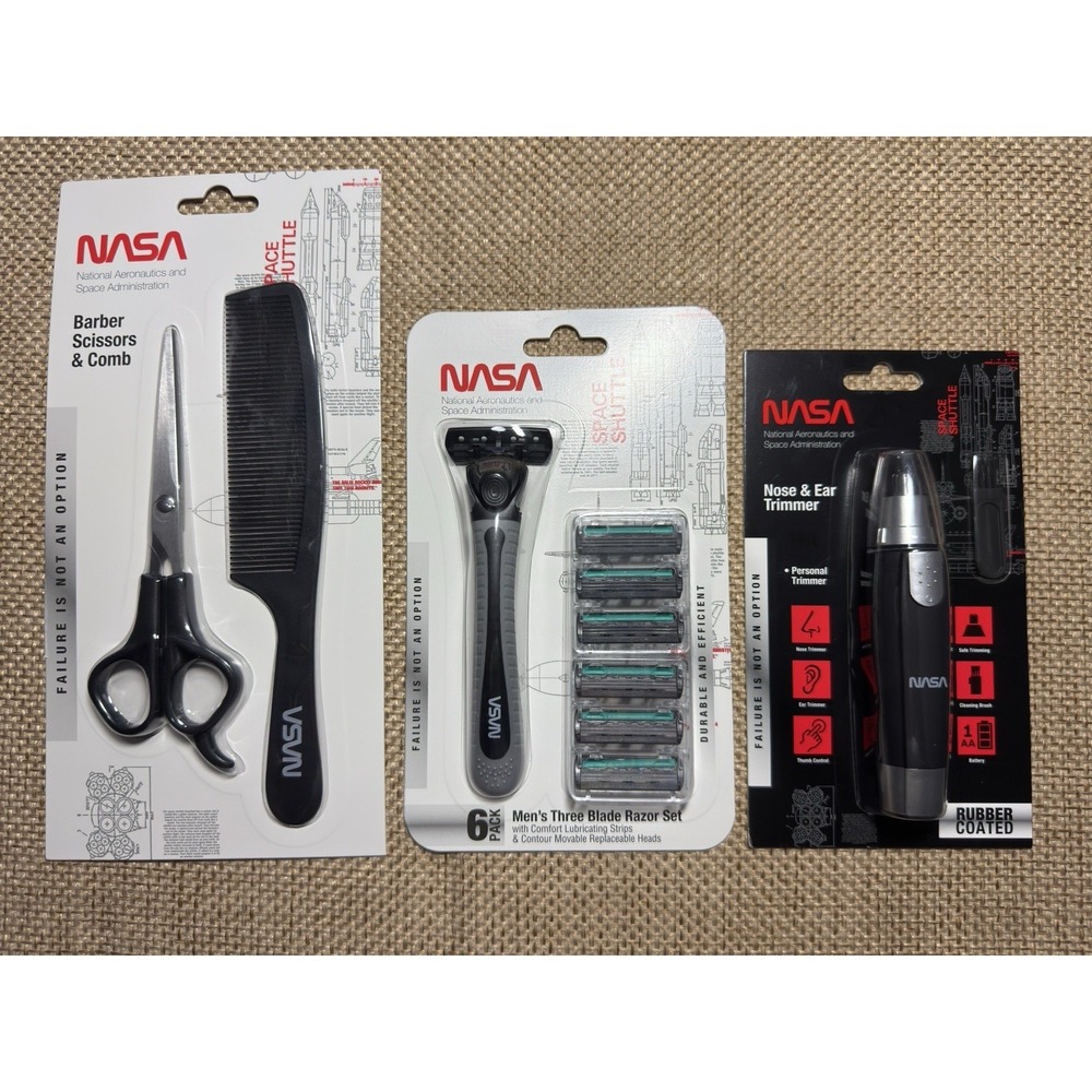 NASA Razor Set Nose Ear Trimmer Scissors Comb Razors Refill Mens Toiletry Kit